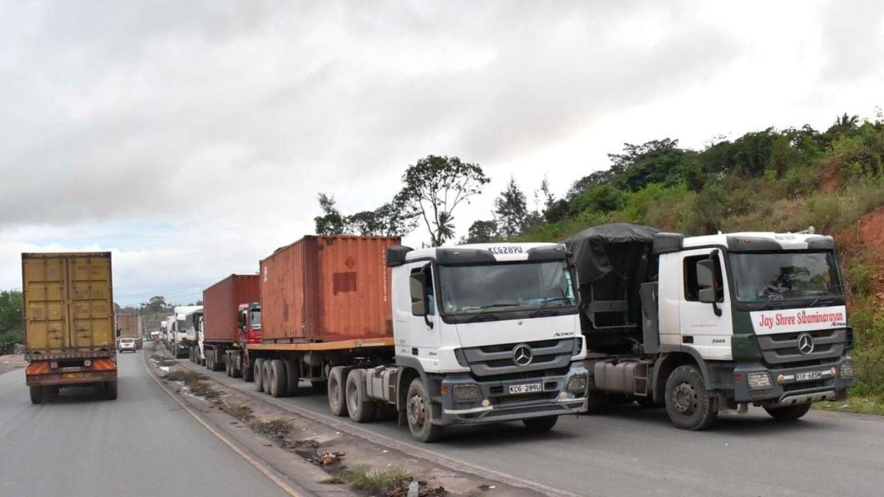 Trucks with transit goods from the Mombasa Port get stuck in a jam at Bonje area in Mombasa County